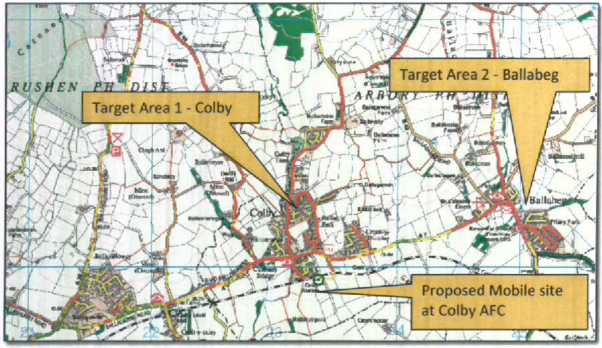 A location map highlighting the proposed mobile phone site at Colby AFC and two target areas in the Arbory parish.