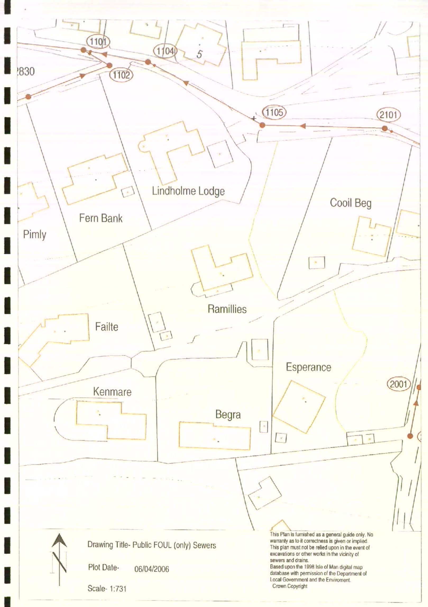 A technical site plan showing property boundaries, building footprints, and road layouts for a rural area, titled 'Public FOUL (only) Sewers'.