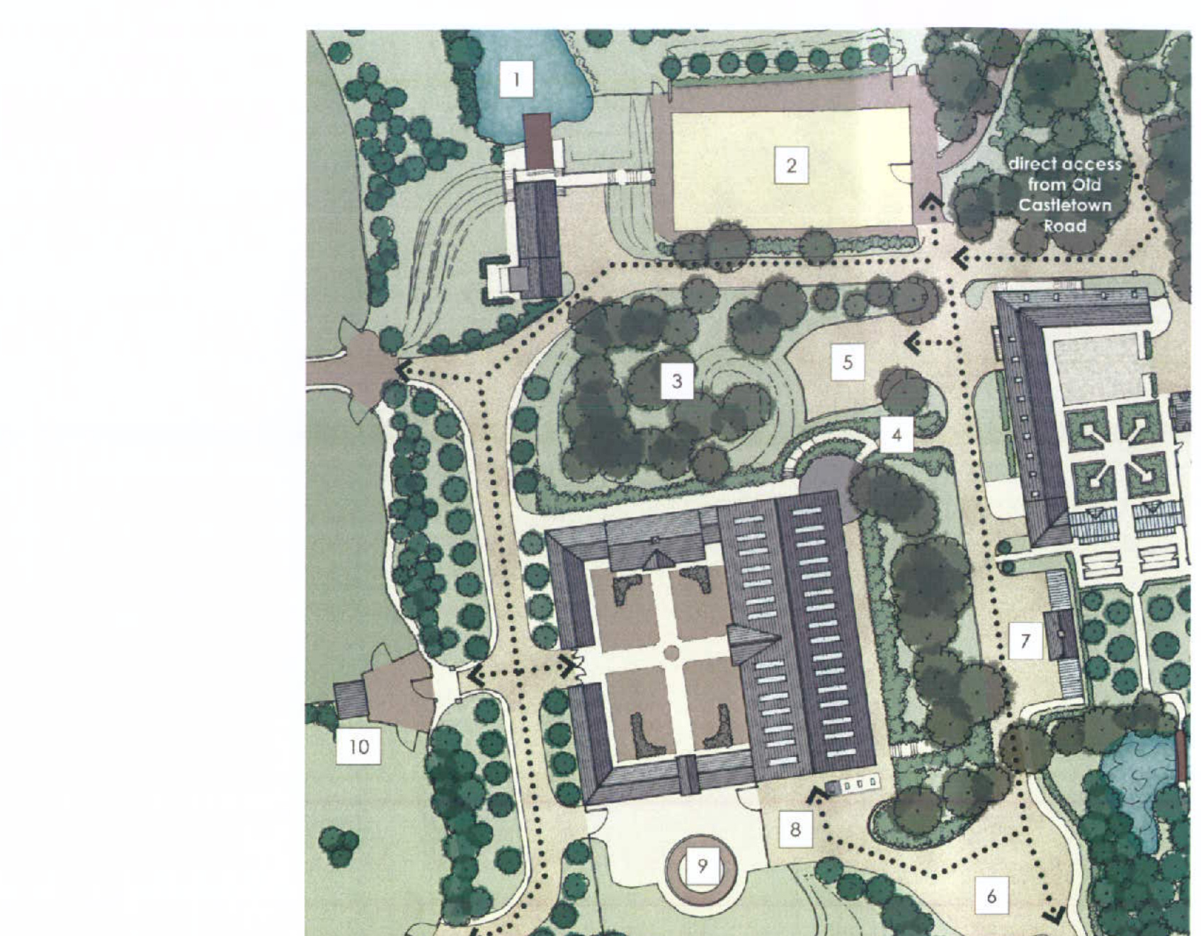 A colored site plan showing the layout of a property with numbered features, including buildings, trees, paths, and a pond.
