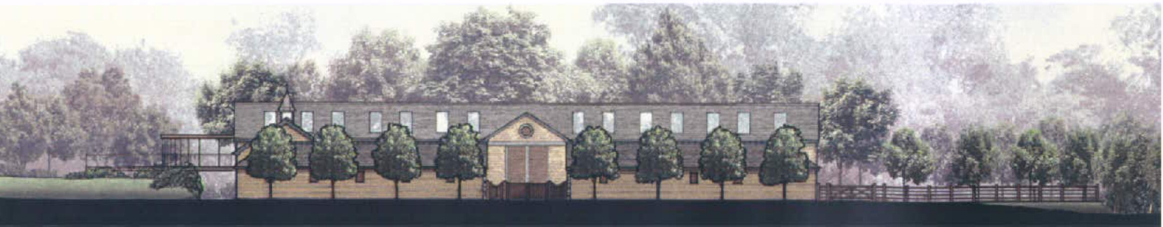 An architectural elevation drawing depicting a long, single-story building with a central gabled entrance, set against a backdrop of trees.