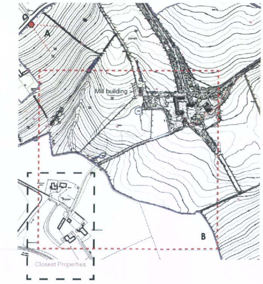 A topographical site plan showing contour lines, existing buildings labeled 'Mill building', and a red dashed boundary line indicating the application area.
