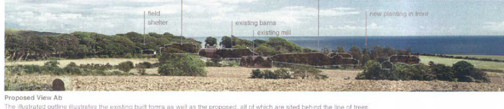 A panoramic photograph of a coastal site showing existing barns and a mill with digital outlines indicating proposed equestrian facilities and new planting.