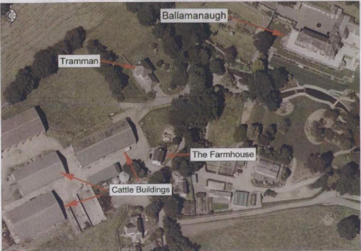 Annotated aerial site plan showing a rural property with labels for 'The Farmhouse', 'Cattle Buildings', 'Tramman', and 'Ballamanaugh'.