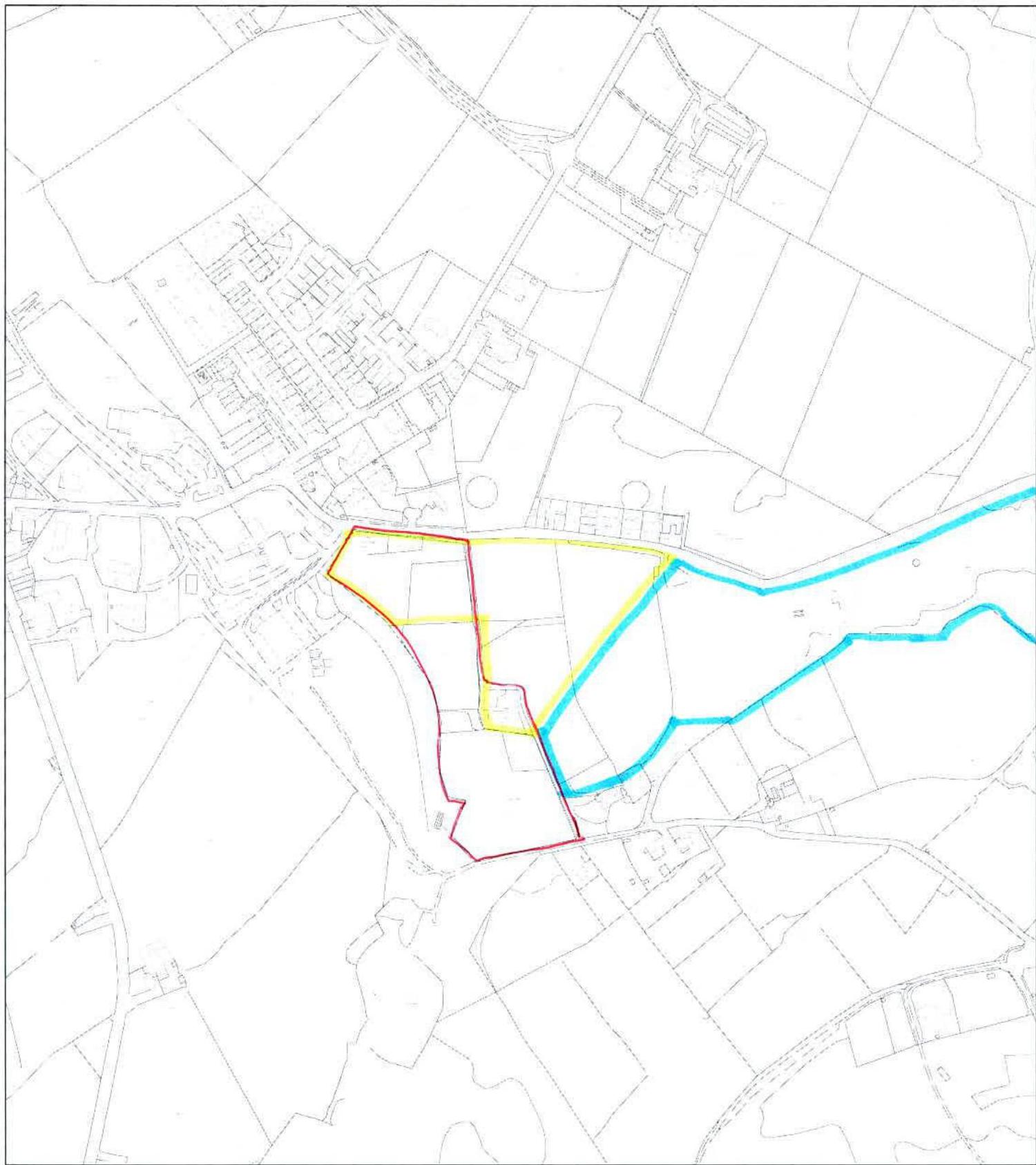 This image displays a site location map with colored boundary lines overlaid on an Ordnance Survey base map. The red and yellow lines indicate the application site boundaries, while the blue line highlights a nearby w...