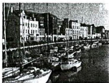 A grainy black and white photograph showing a harbor or marina with numerous boats moored in the foreground and a row of multi-story buildings along the waterfront in the background.
