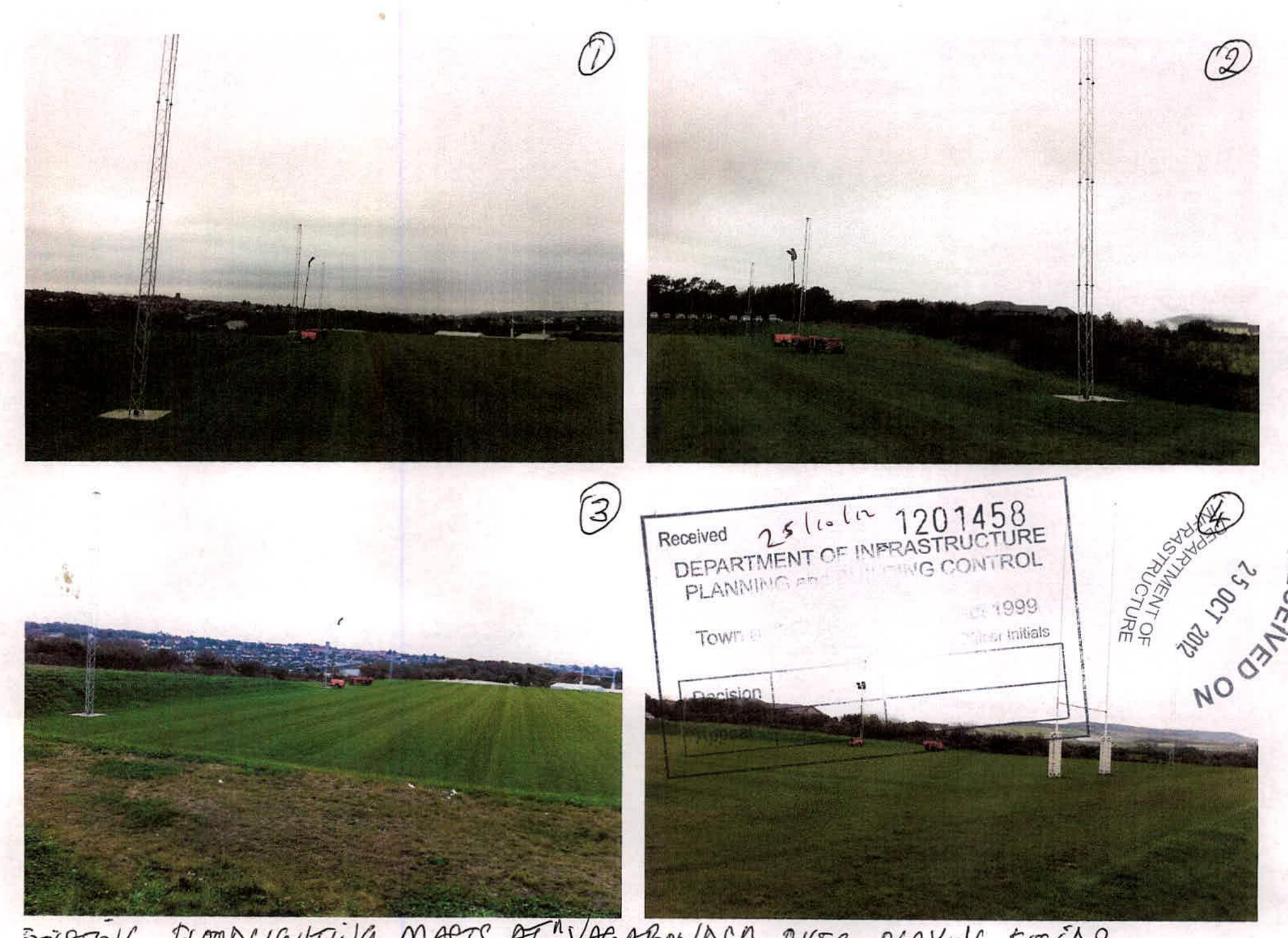 A composite photograph showing four views of tall telecommunications masts situated in a grassy field with a town visible in the distance.