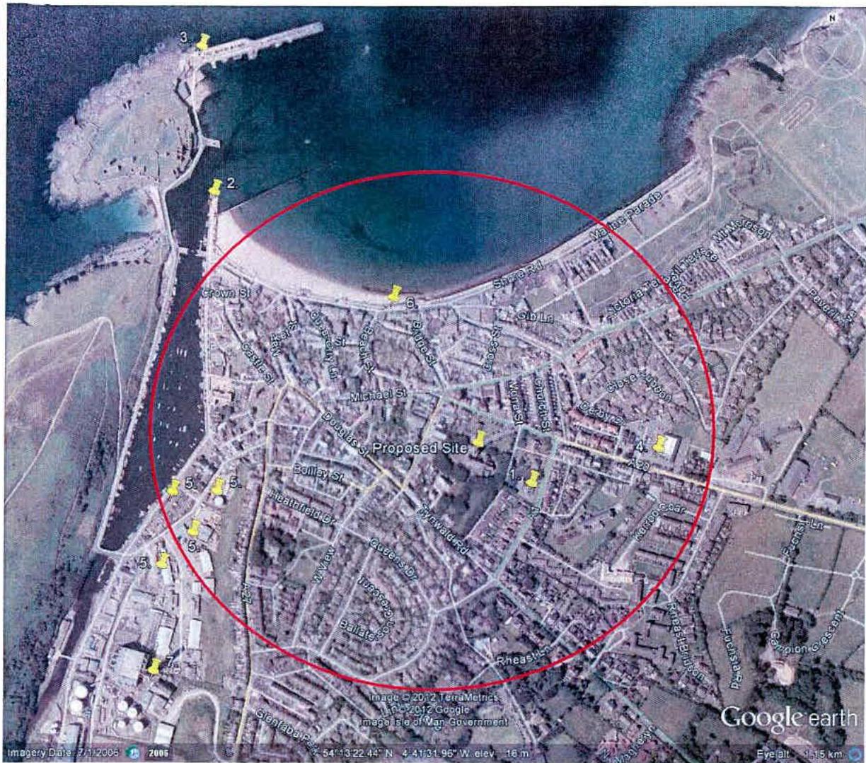 An aerial Google Earth view of a coastal town showing a red circle labeled 'Proposed Site' with numbered yellow markers around the perimeter.