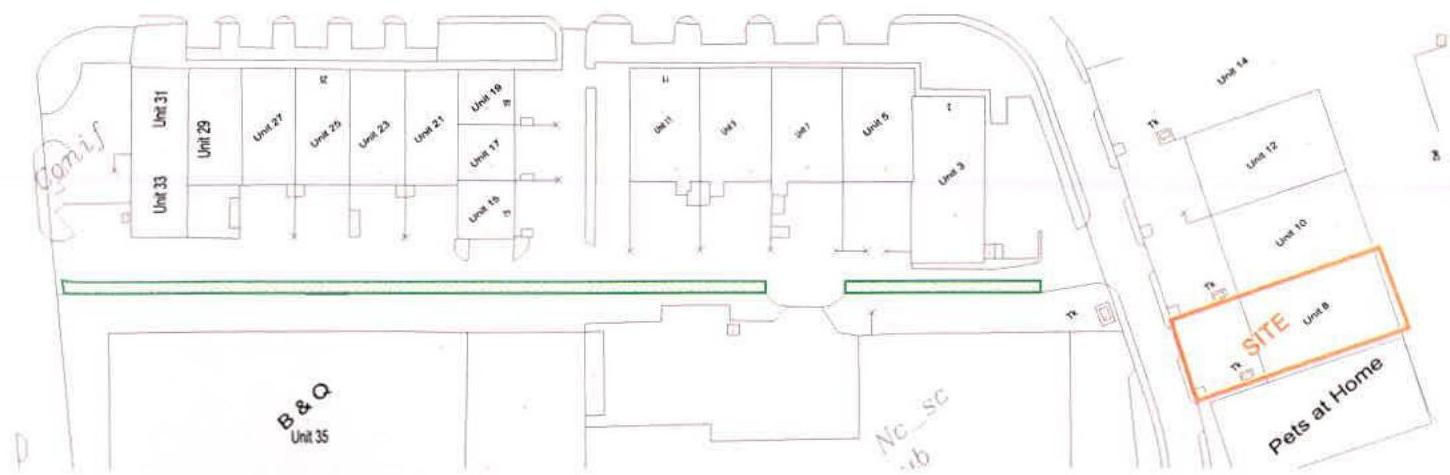 A site location plan showing the layout of commercial units, with Unit 8 highlighted in orange as the application site, situated next to a B&Q store.
