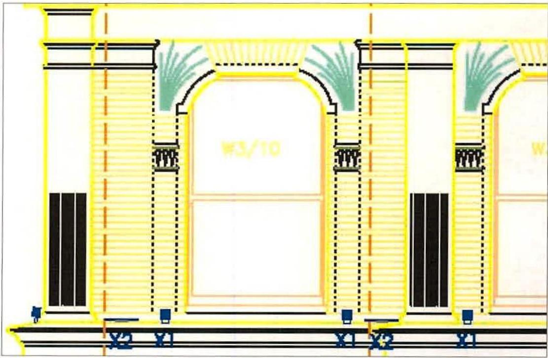 An architectural elevation drawing of a building facade featuring classical columns, arched windows, and decorative elements. The drawing includes dimension lines and labels, likely indicating the placement of externa...