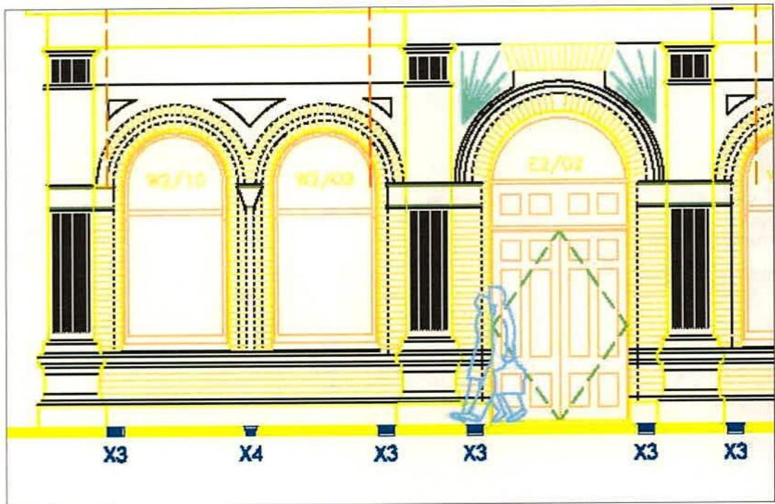 An architectural elevation drawing of a building facade featuring arched windows and a central door, annotated with colored lines and shapes likely indicating lighting zones.