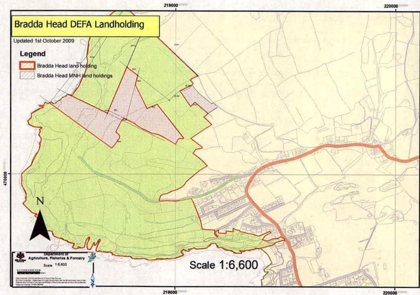 A site location map titled 'Bradda Head DEFA Landholding' showing land boundaries and zones with a scale of 1:6,600.