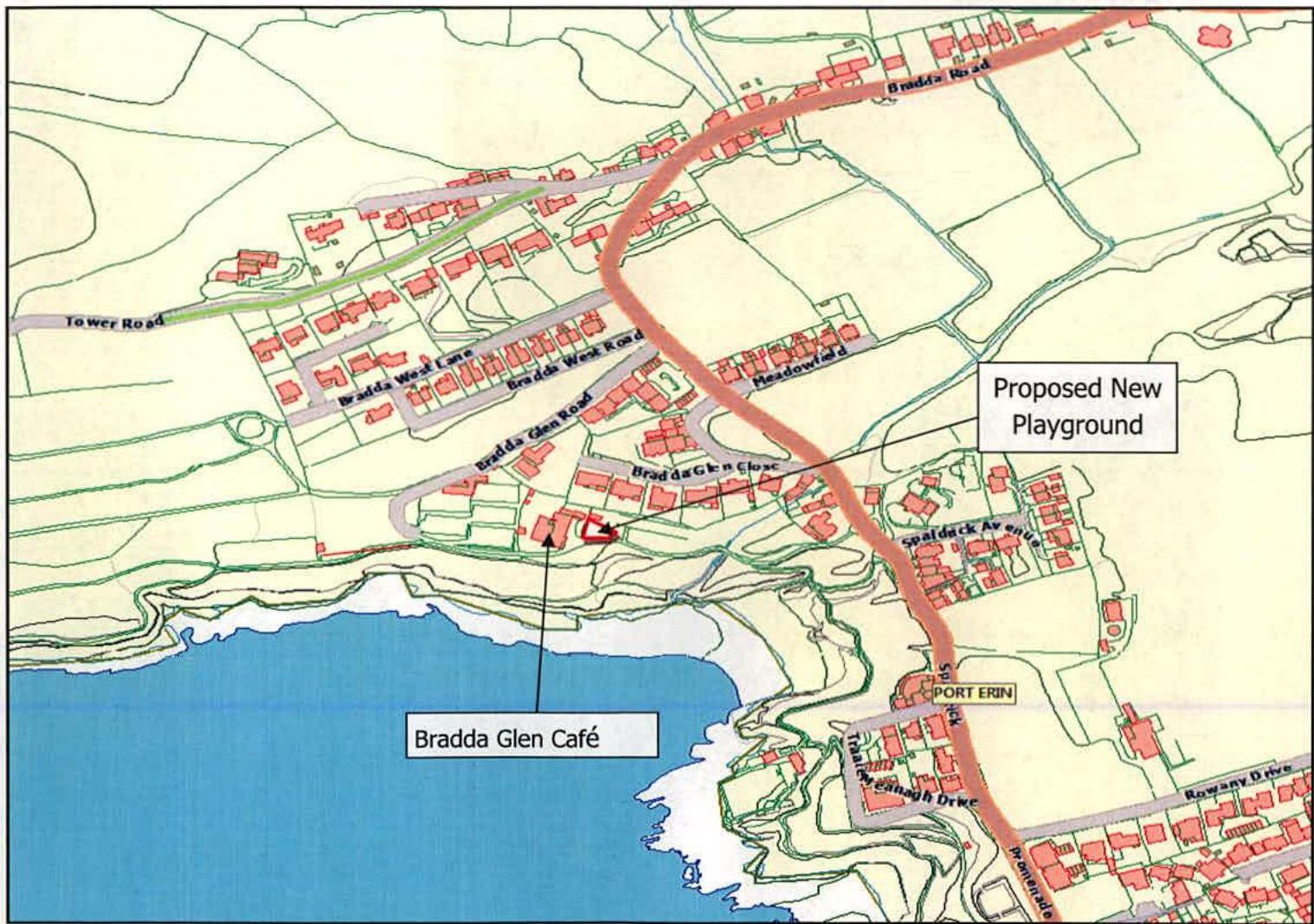 A site location map showing the proposed new playground near Bradda Glen Café and the coast in Port Erin.