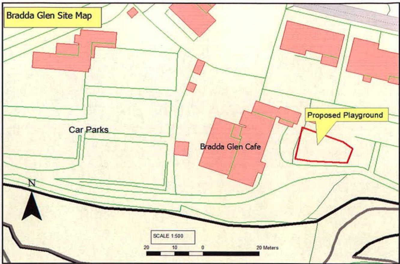 A site map titled 'Bradda Glen Site Map' showing the location of the Bradda Glen Cafe, car parks, and a red-outlined area designated as the 'Proposed Playground'.