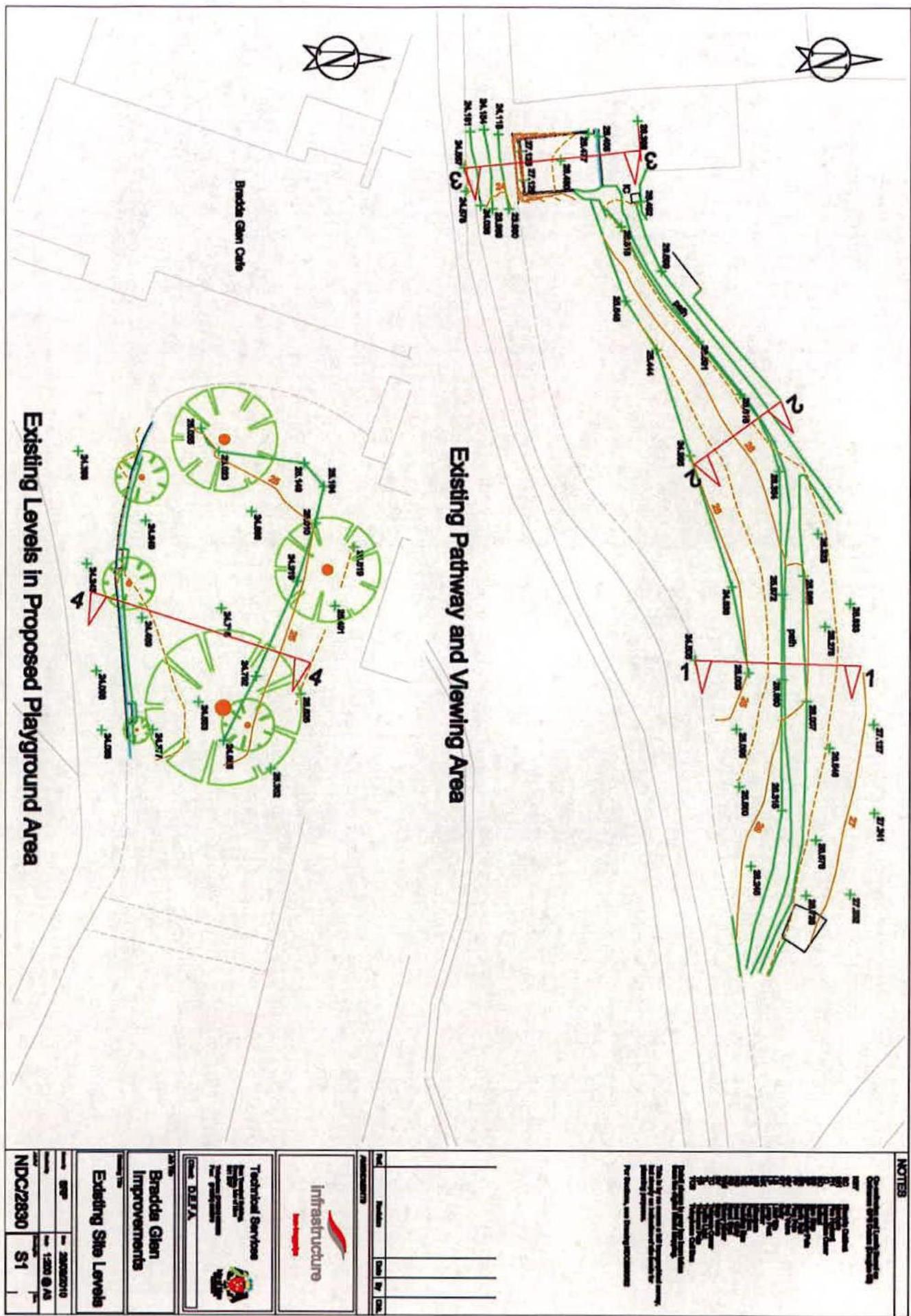 A technical engineering drawing displaying existing ground levels, proposed playground areas, and pathway sections with contour lines and elevation markers.