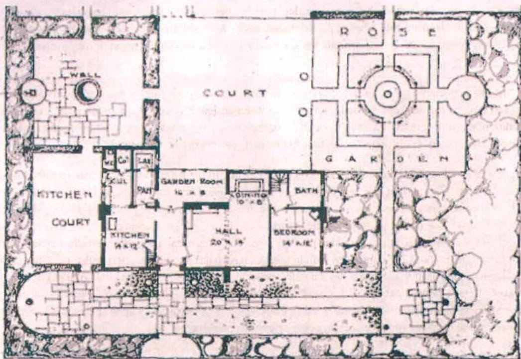 An architectural floor plan showing the layout of a single-story dwelling with rooms like a kitchen, hall, and bedroom, alongside a formal rose garden and courtyard.