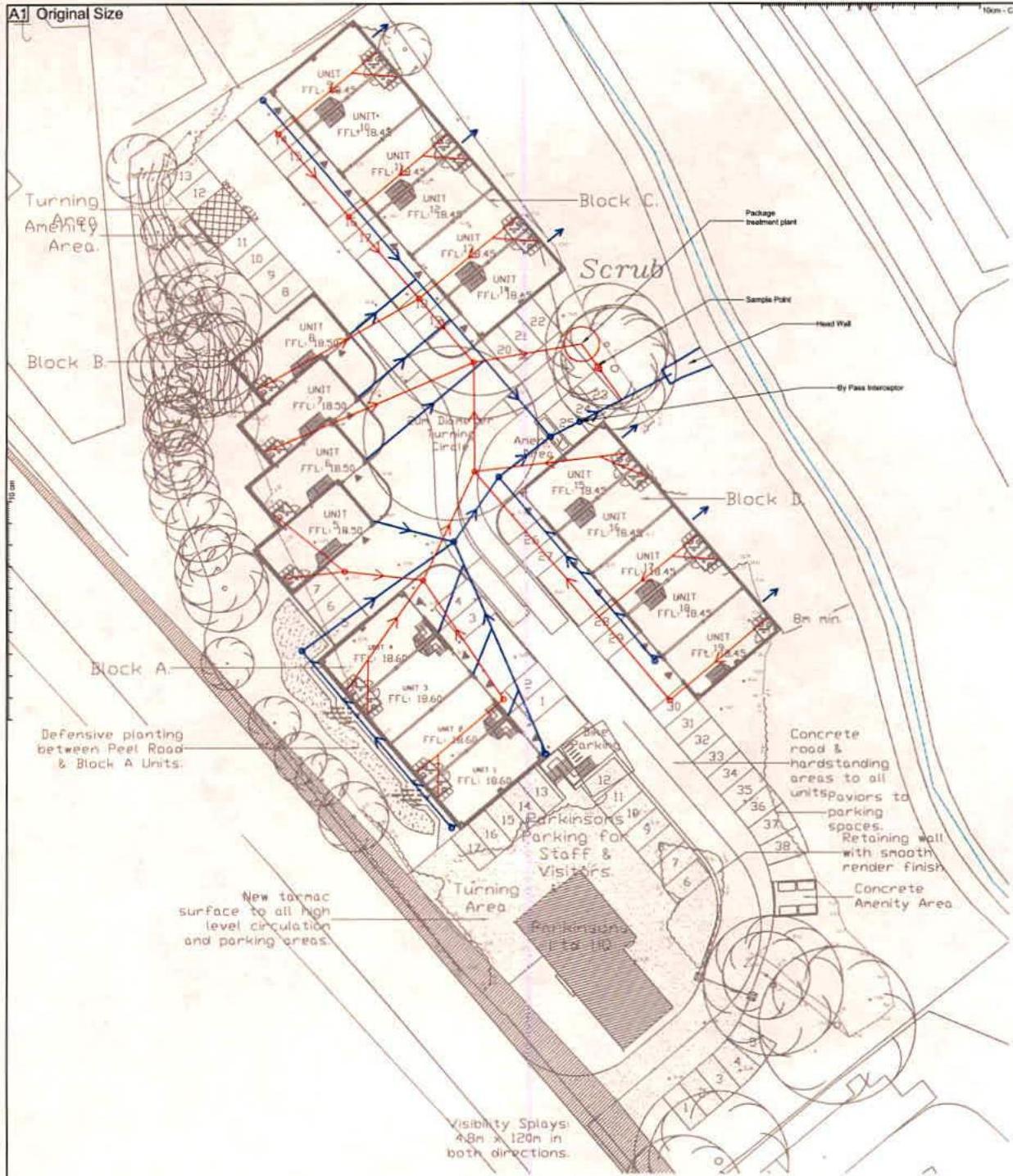 This image displays a detailed site plan for a proposed industrial development, outlining the layout of multiple units, access roads, parking areas, and drainage systems.