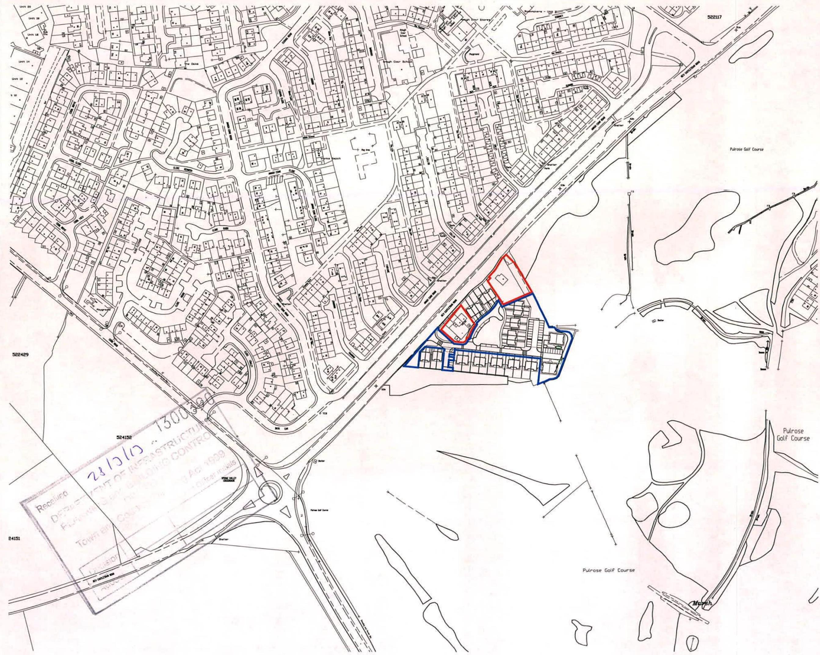 A site location map highlighting a development plot with red and blue outlines, situated within a residential area next to a golf course.