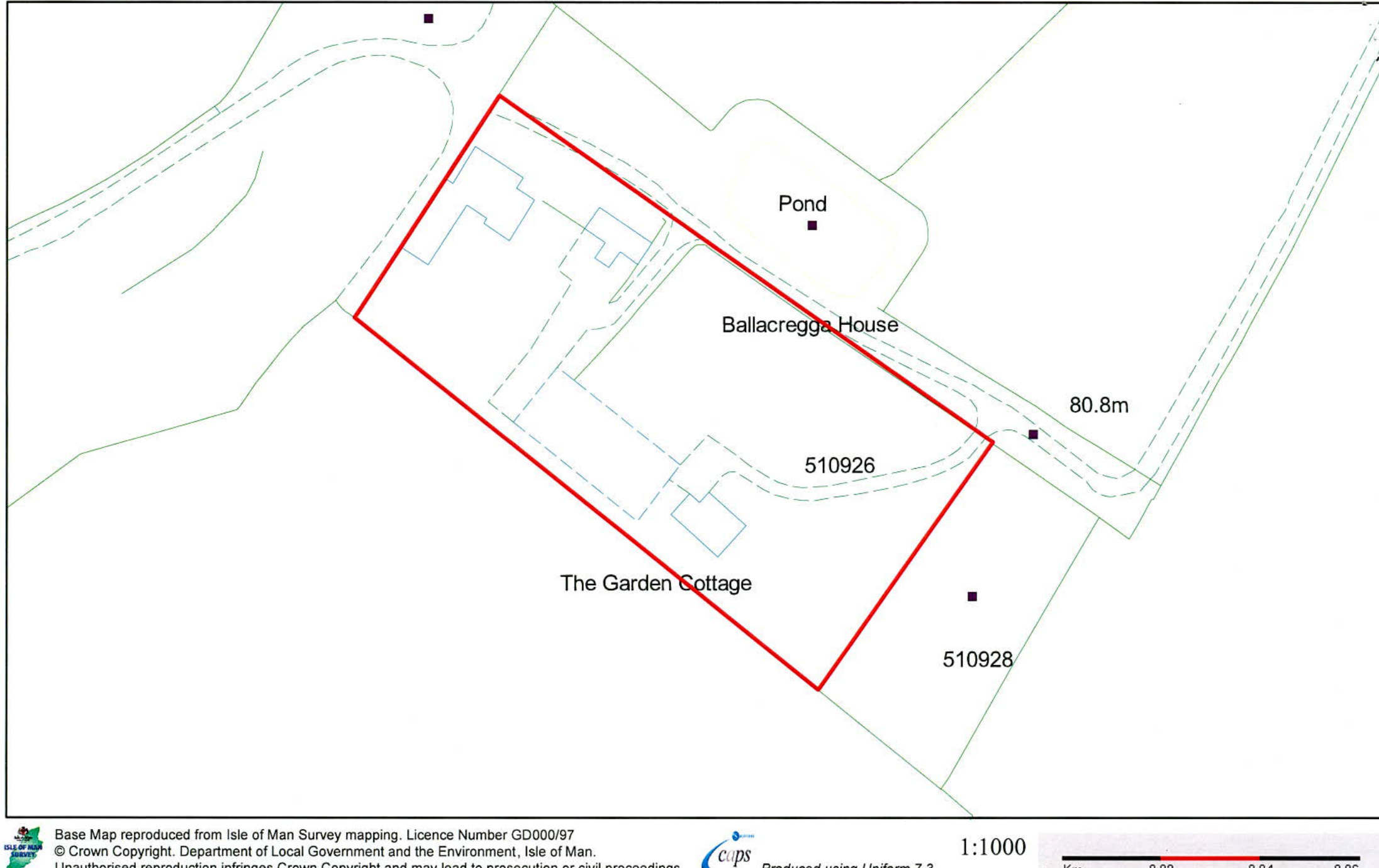 A site plan showing the property boundary in red, outlining Ballacregga House and The Garden Cottage with a pond nearby.