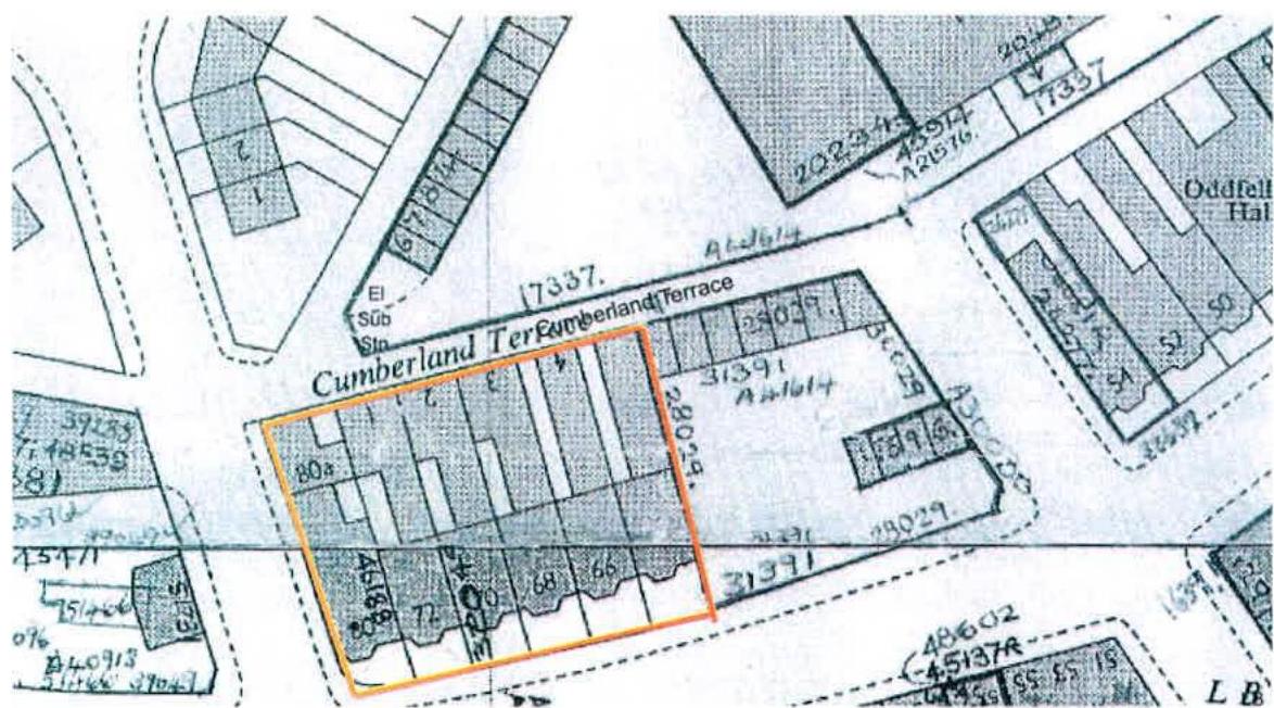 A site plan or location map showing Cumberland Terrace with a specific plot highlighted by an orange boundary box.