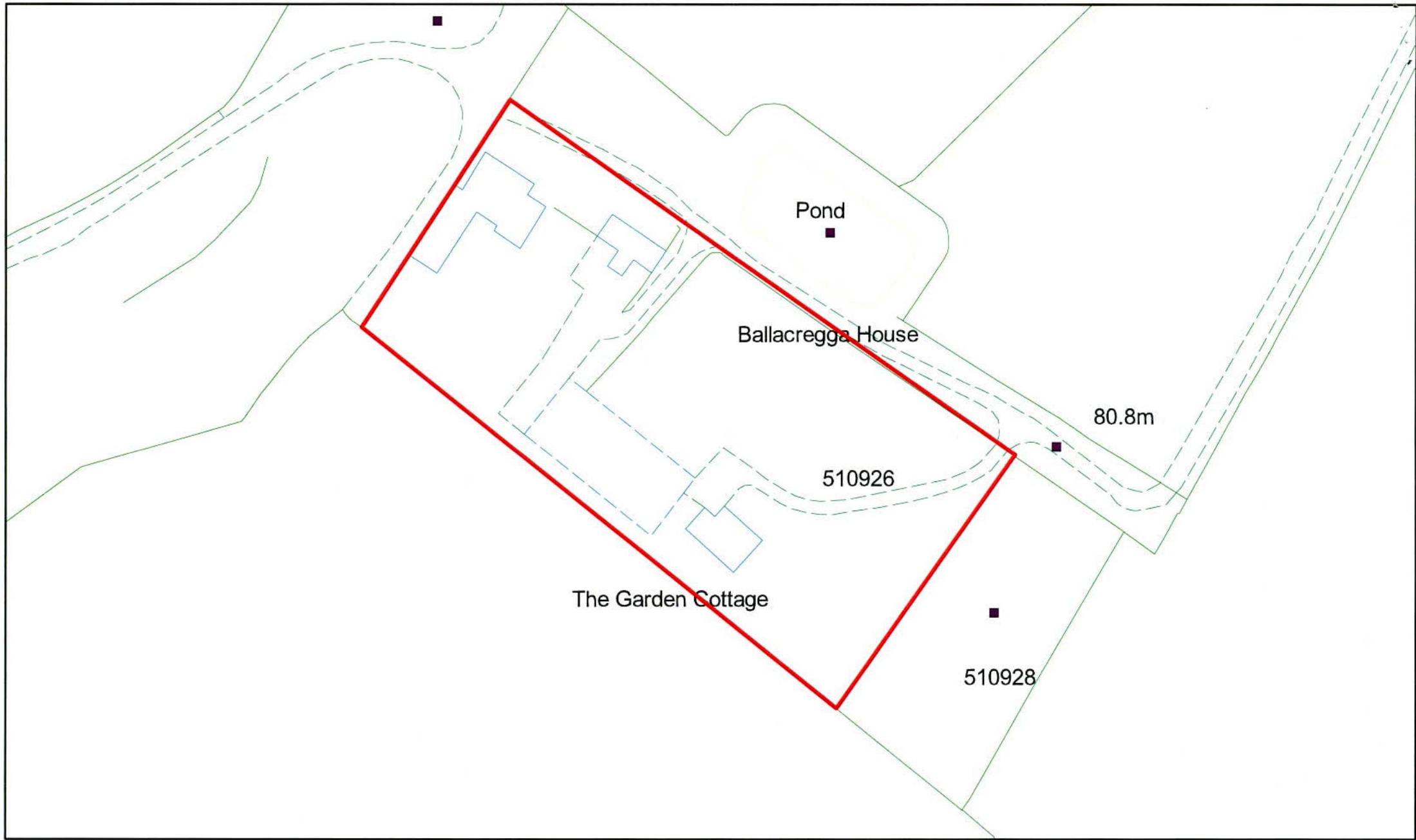 A site plan showing the property boundaries in red, outlining Ballacregga House and The Garden Cottage with a pond nearby.