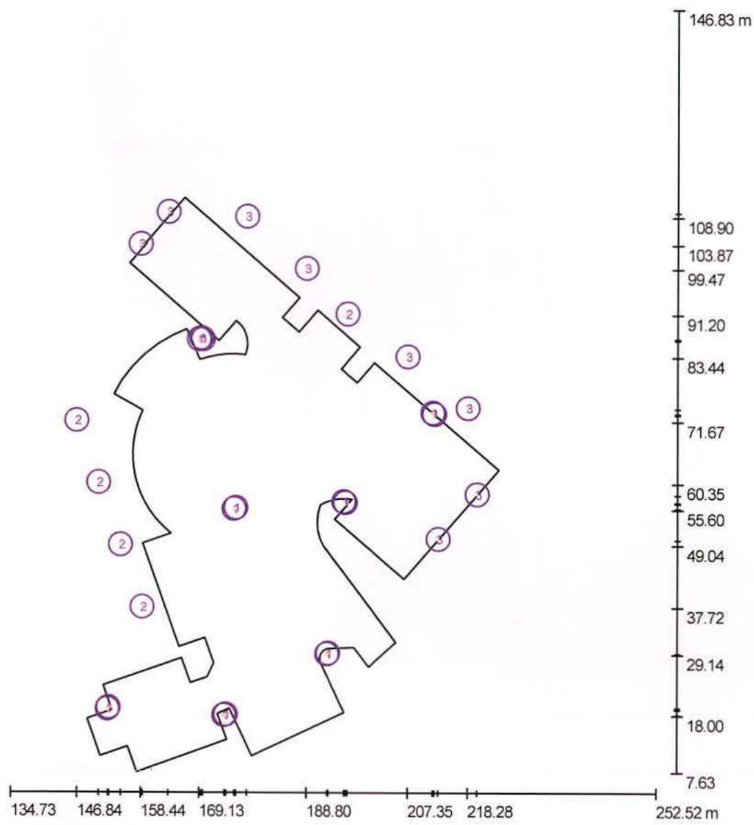 A technical site plan displaying a polygonal boundary with numbered points and coordinate axes.