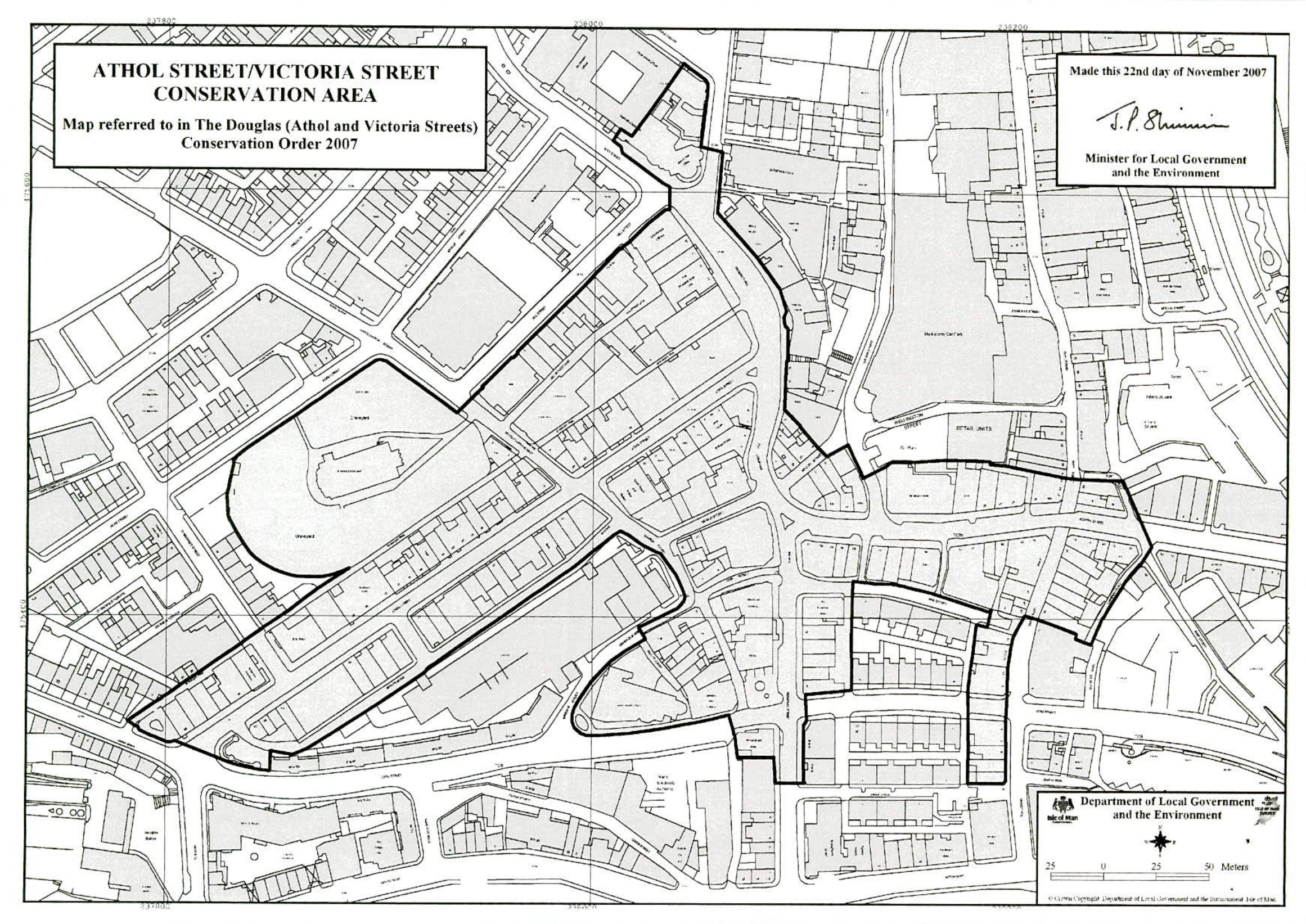 A black and white location map outlining the boundary of the Athol Street and Victoria Street Conservation Area with street layouts and building footprints.