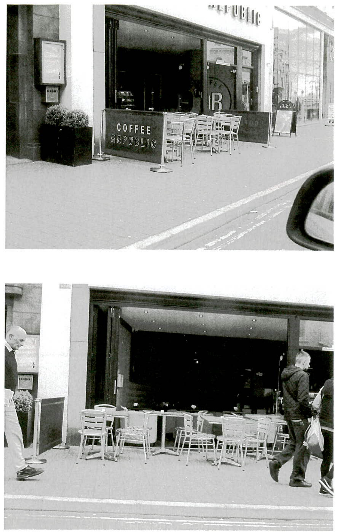 Black and white photographs of a Coffee Republic storefront featuring outdoor seating enclosed by pavement barriers.