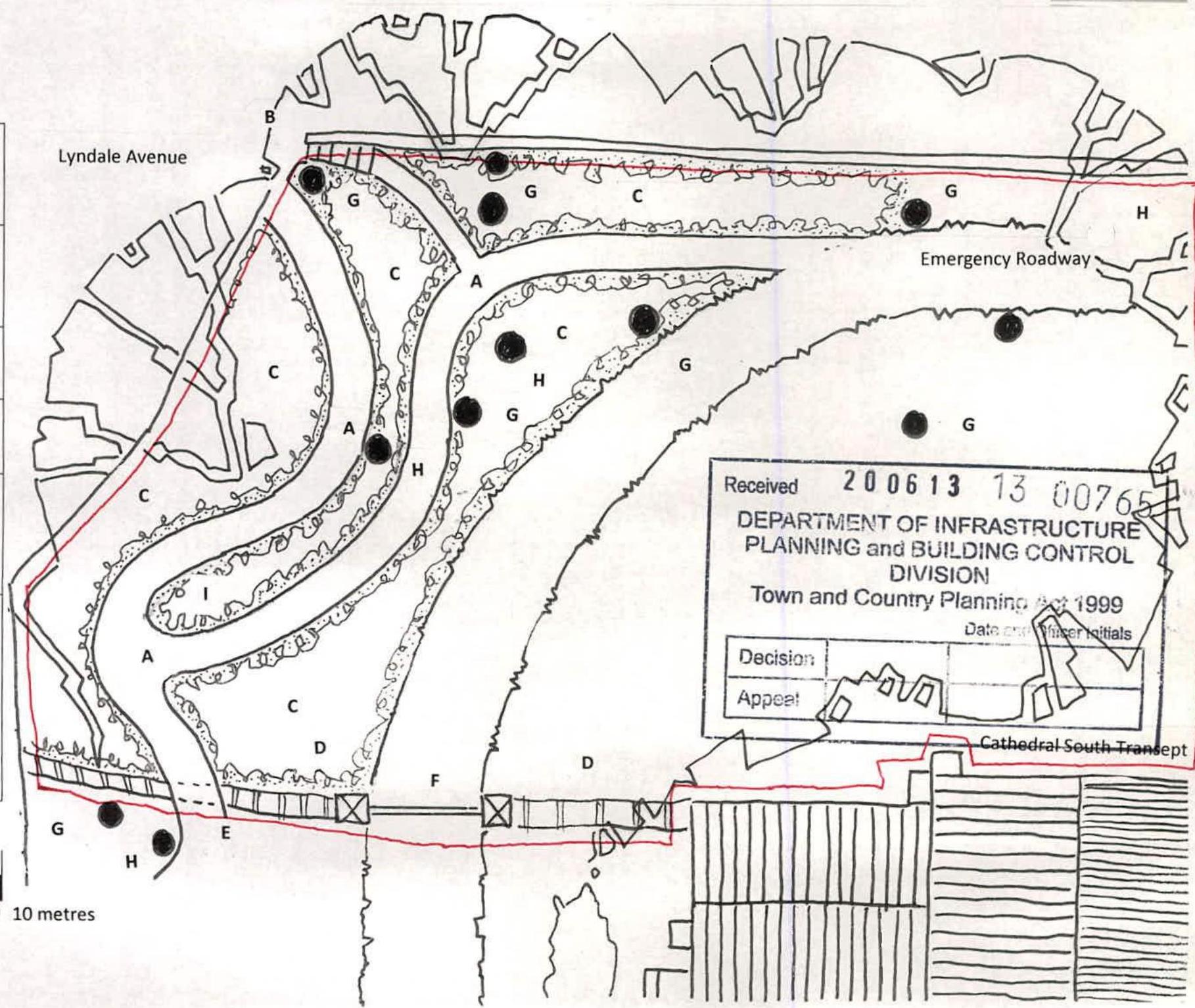 A site plan showing a winding pedestrian path route with vegetation symbols and nearby roads like Lyndale Avenue.