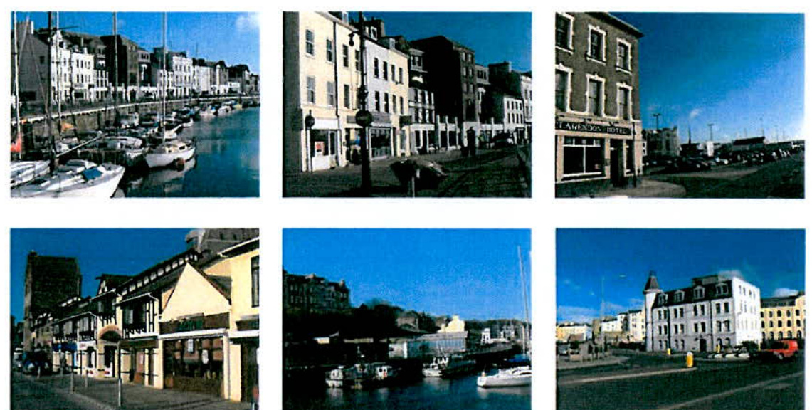 A collage of six photographs depicting existing street scenes, harbor views, and buildings in a town centre environment.