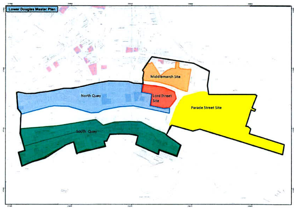 A master plan map titled 'Lower Douglas Master Plan' displaying color-coded development zones including North Quay, South Quay, and various street sites.