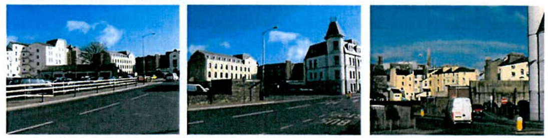 A triptych of street-level photographs showing the existing town centre context, including buildings, roads, and vehicles.