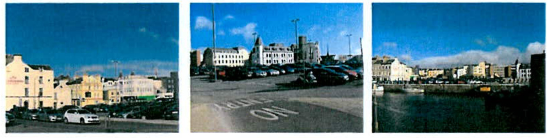 A triptych of photographs showing the existing site context, including street views with buildings and parked cars, a parking area with road markings, and a waterfront view.