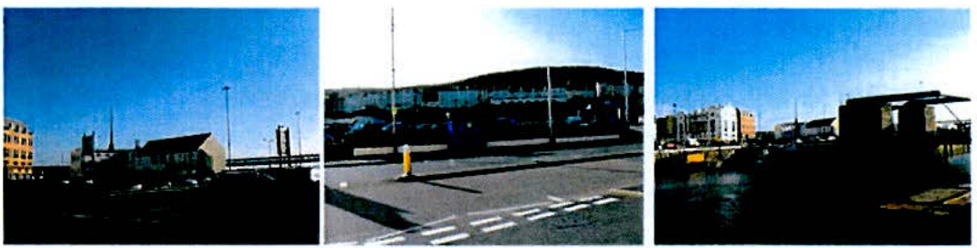 A triptych of street-level photographs showing the existing urban context, including buildings, roads, and street furniture in a town centre setting.