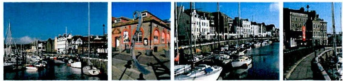 A collage of four photographs depicting a harbor scene with moored boats, quayside buildings, and streets in Douglas.