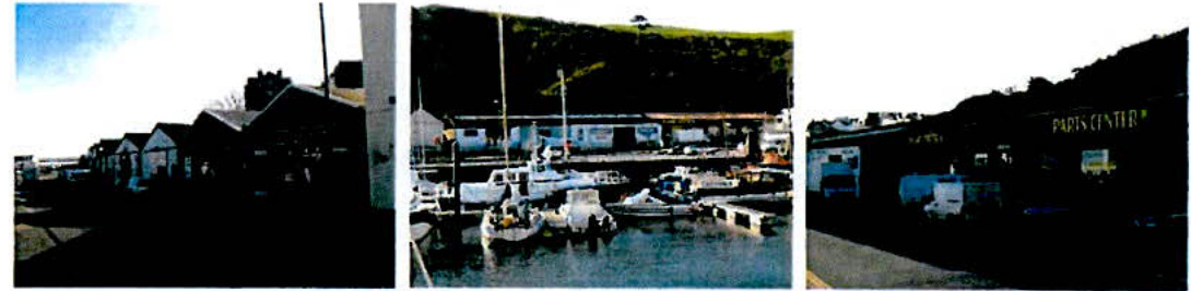 A triptych of photographs showing a harbor or marina area with boats, waterfront buildings, and a structure labeled 'PARTS CENTER'.