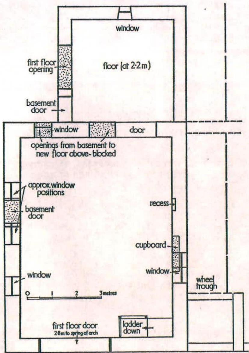 A black and white architectural floor plan showing the layout of a building conversion with labels for windows, doors, and structural features like a wheel trough.