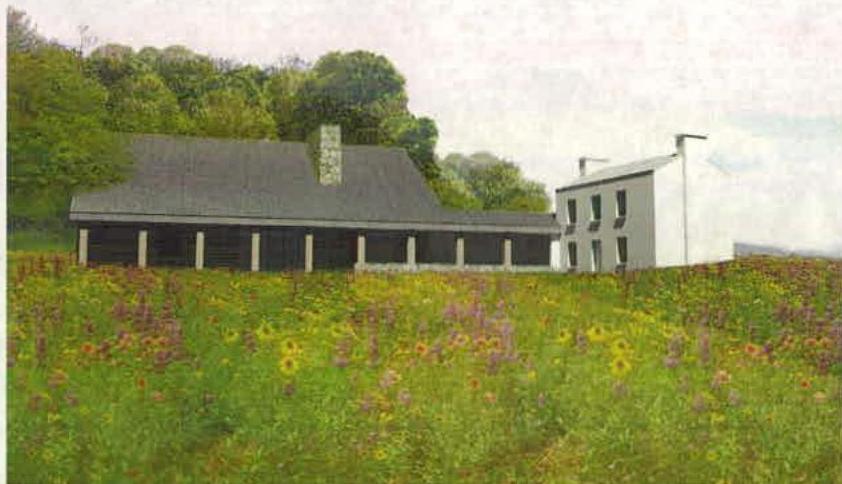 A perspective watercolor rendering showing a proposed new white two-storey dwelling linked to an existing long barn-like structure with a stone chimney, set in a grassy field.