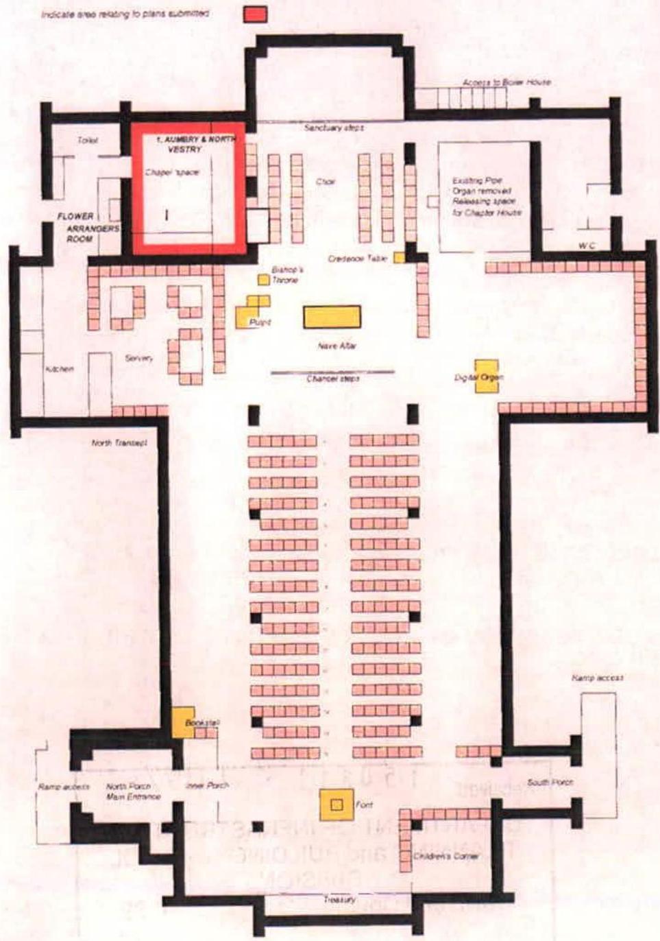 This image displays an architectural floor plan of a church interior, highlighting a proposed prayer room and aumbry installation in red.