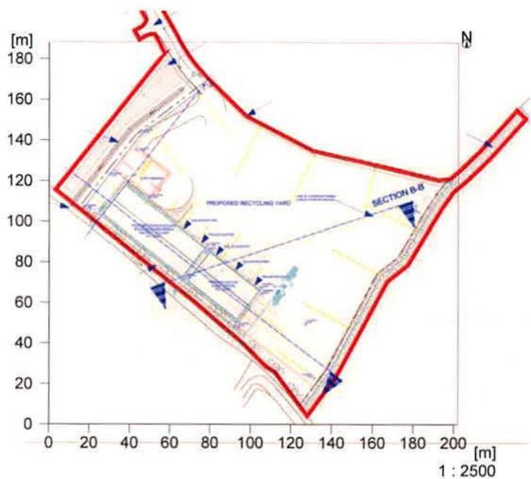 The image displays a technical site plan featuring a red boundary line, coordinate axes in meters, and labels indicating a 'proposed recycling yard' and section details.