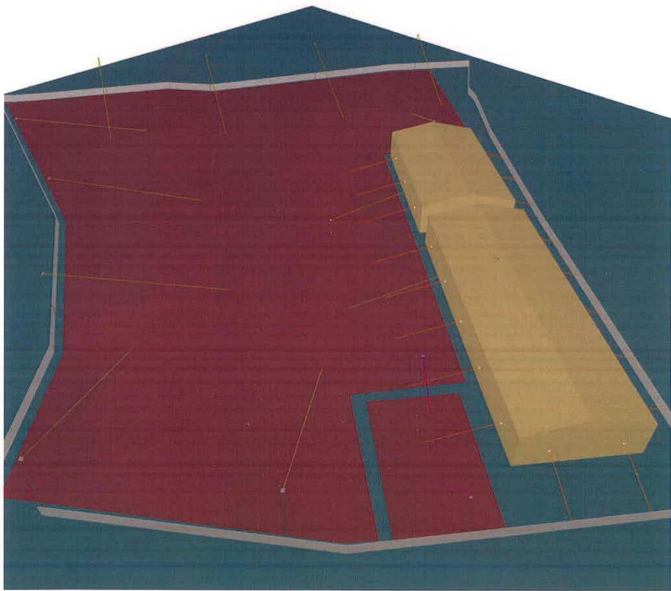 A 3D site plan diagram showing a large red plot of land with a yellow rectangular structure on the right side.