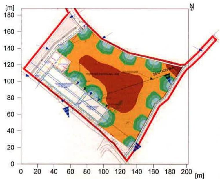 A technical site plan showing the layout of a proposed recycling compound with boundaries, landscaping, and coordinate axes.