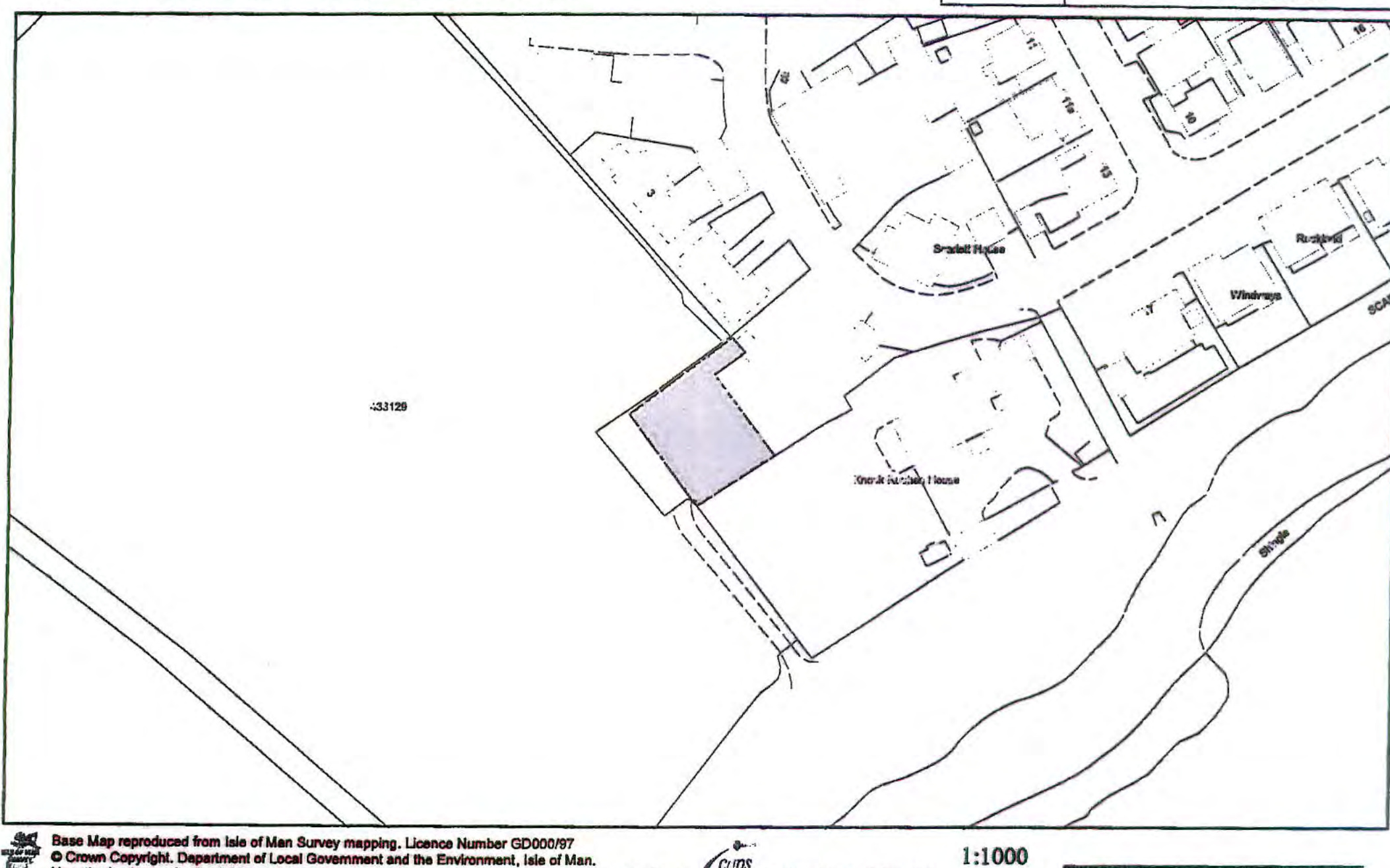 A 1:1000 scale site plan showing a highlighted purple plot of land adjacent to residential properties like Bradell House and Kherak Ba Chas House.