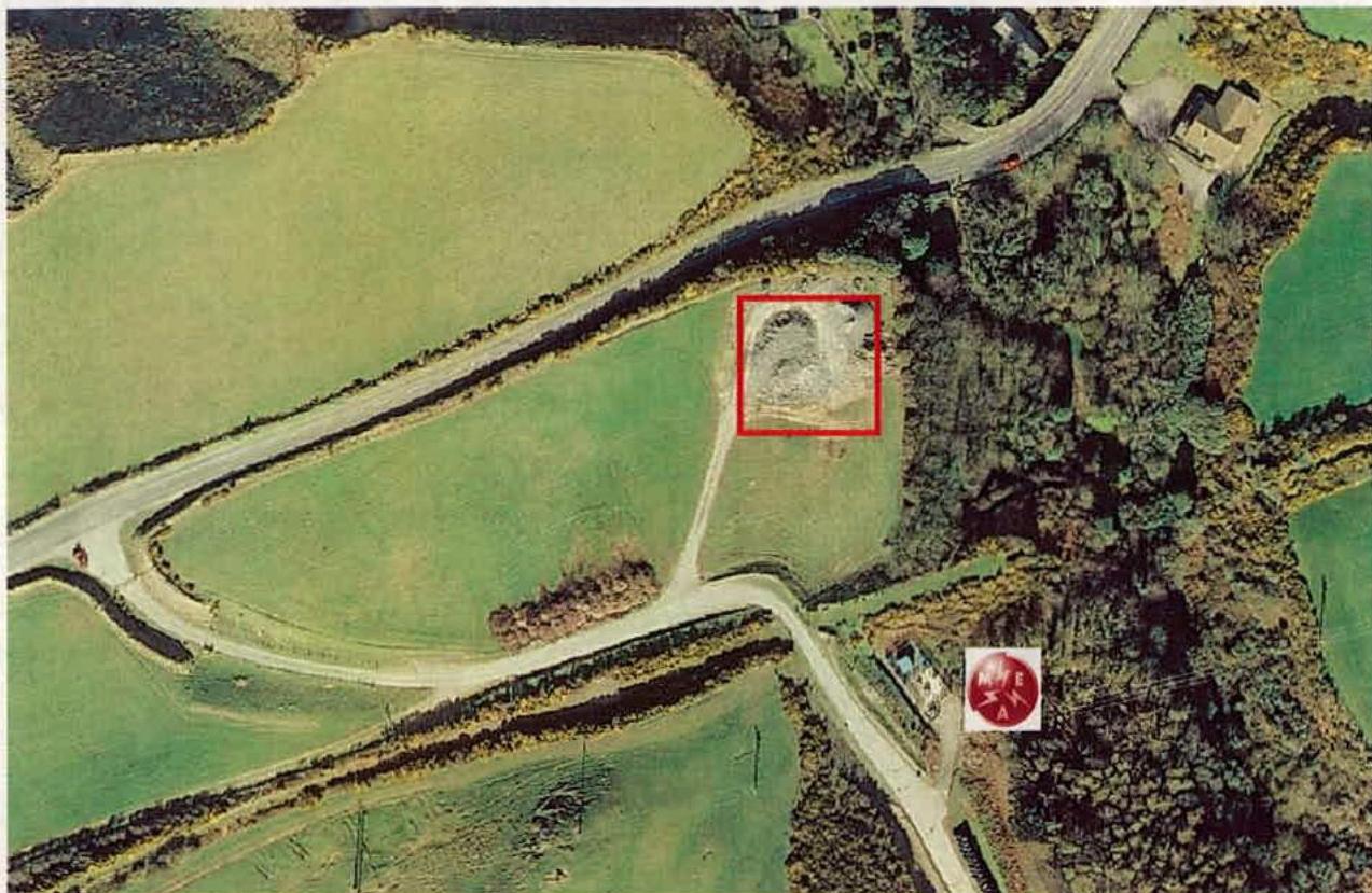 An aerial site location map showing a rural landscape with stone walls and roads. A red box highlights a specific plot of land, likely the proposed construction site for the pump station.