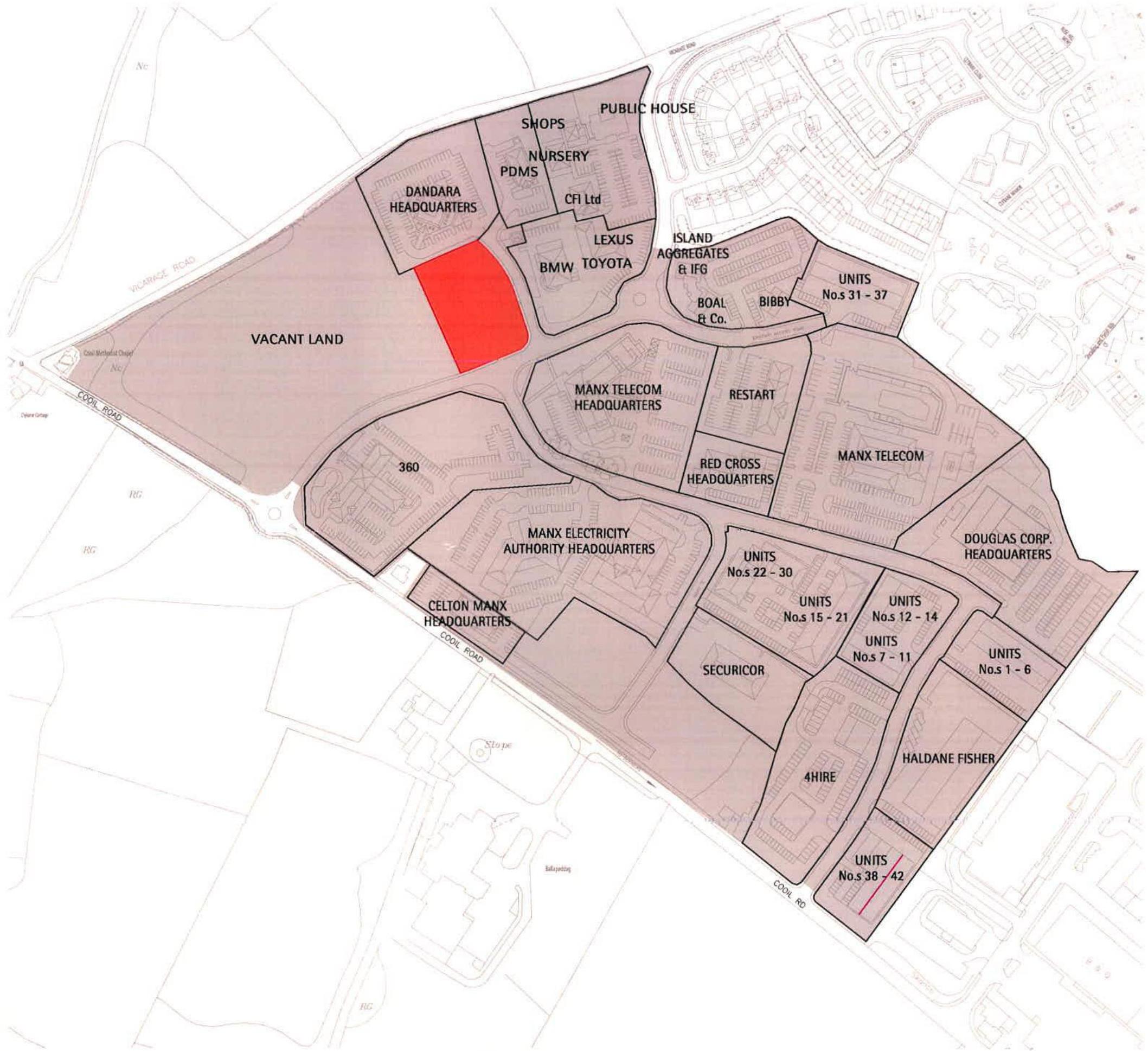 A site plan showing a commercial business park with various corporate headquarters and units, highlighting a specific plot of vacant land in red.