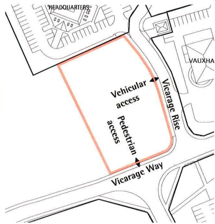Technical site plan highlighting a development plot with designated vehicular and pedestrian access points.