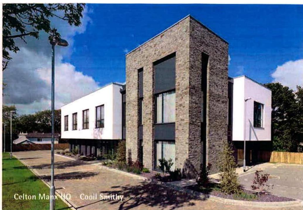 A photorealistic rendering of a modern corporate headquarters building featuring a central stone tower and white flanking wings.