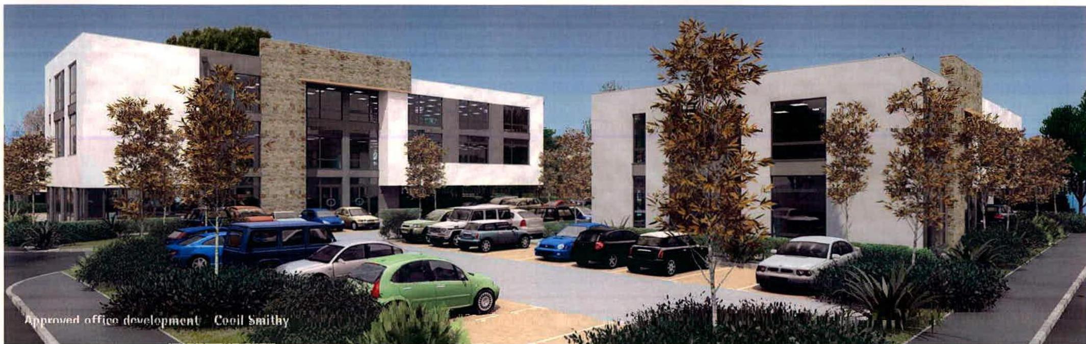 A photorealistic architectural rendering of a proposed modern office complex featuring white and stone cladding, with a parking area and landscaping.