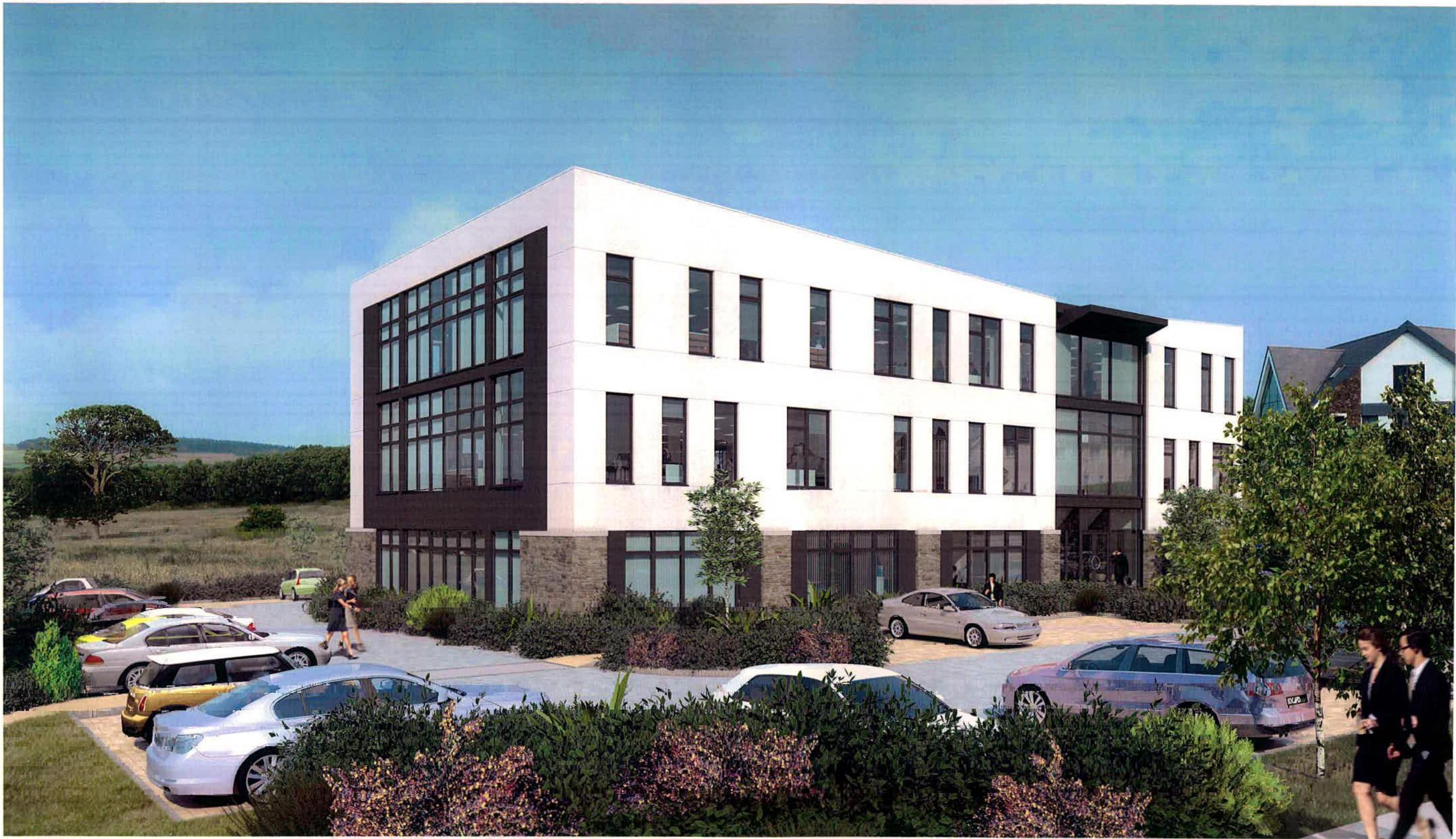 A 3D architectural rendering of a modern white office building with a stone base, featuring a parking area and landscaping.