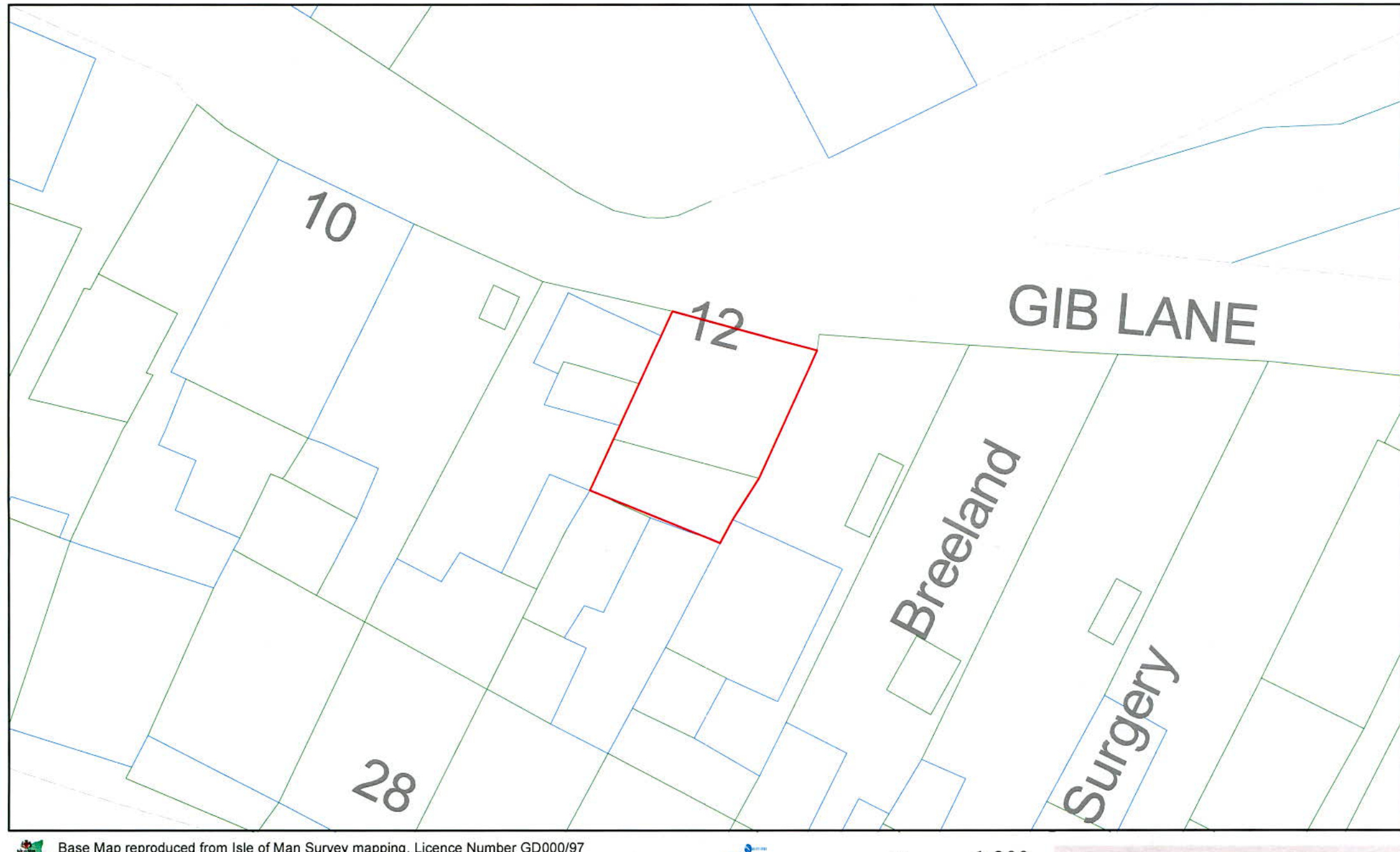 A site plan map showing property boundaries and street names like Gib Lane, with the subject property (number 12) highlighted in red.