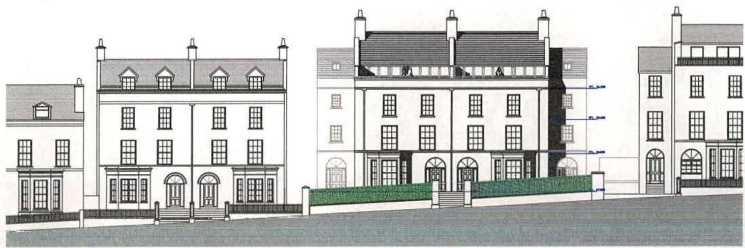Architectural elevation drawing depicting a row of terraced buildings with height annotations and proposed alterations.